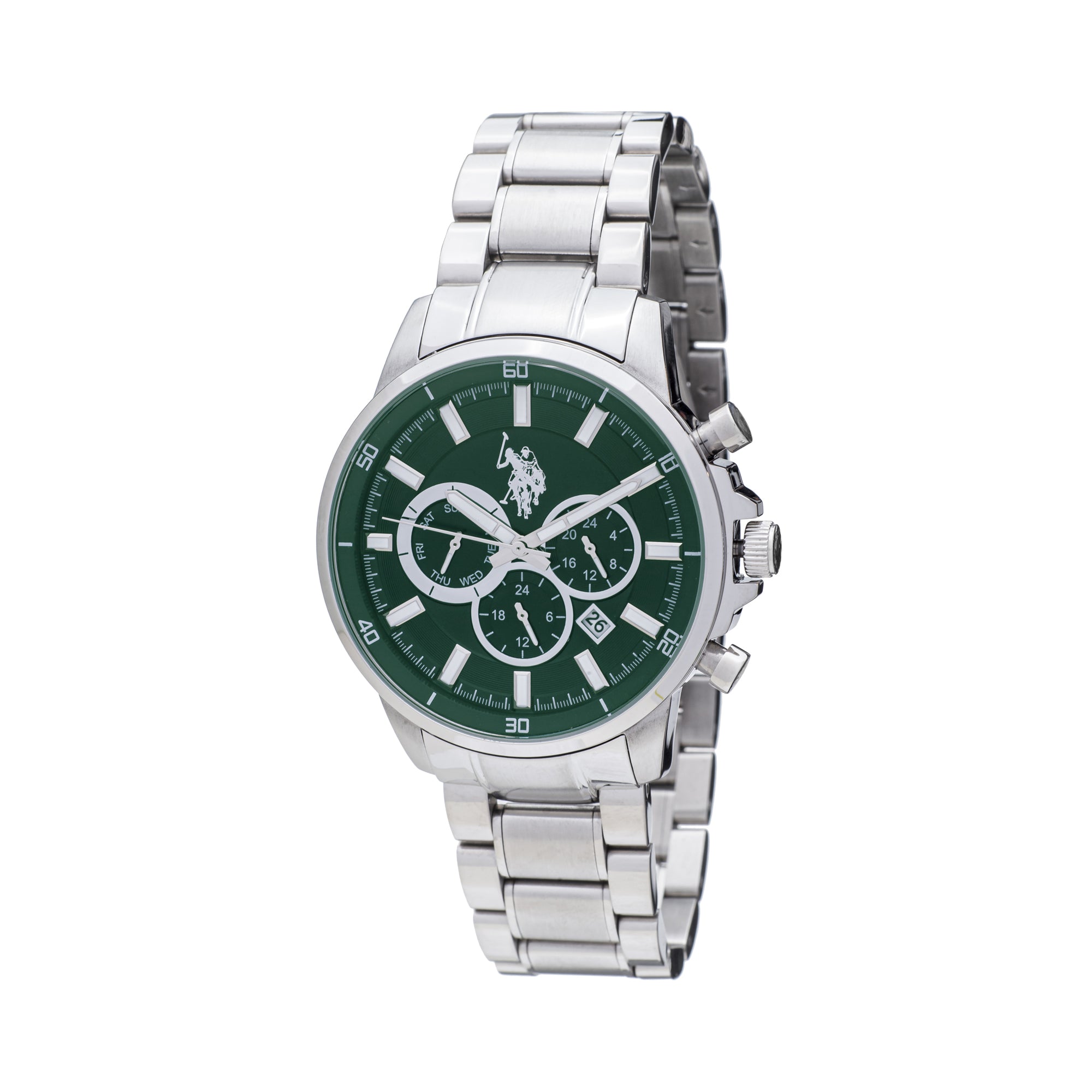 Ceas Barbatesc Chronograph – Carcasa din Otel Inoxidabil cu Cadran Verde Inchis si Bratara Placata cu Rodiu