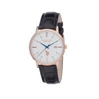 Ceas Barbatesc Quartz Premium, Carcasa Auriu Rose, Cadran Alb cu Detalii Aurii Rose, Curea Piele Croco Negru, Buckle Metalic
