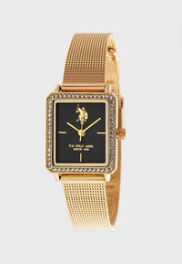 Ceas Dama Quartz Auriu cu Pietre Albe, Cadran Negru Sandblasted, Bratara Mesh Aurie