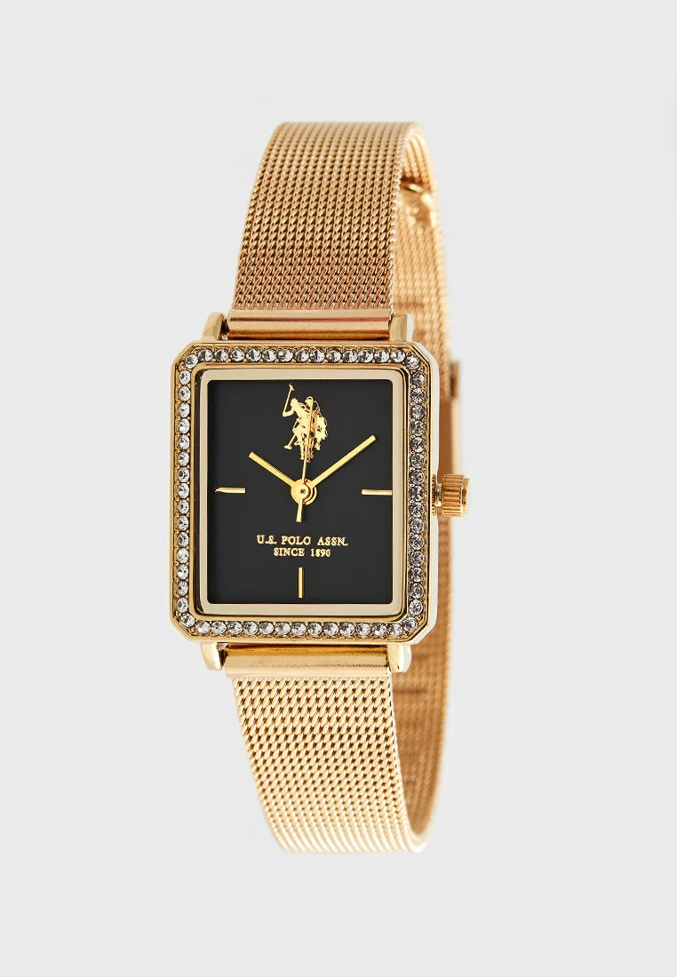 Ceas Dama Quartz Auriu cu Pietre Albe, Cadran Negru Sandblasted, Bratara Mesh Aurie