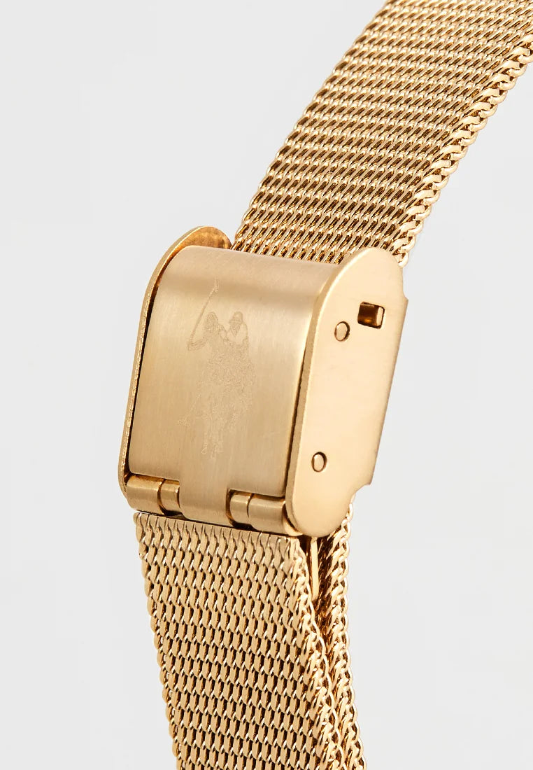 Ceas Dama Quartz Auriu cu Pietre Albe, Cadran Negru Sandblasted, Bratara Mesh Aurie