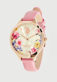 Ceas Quartz Cu Imprimeu Floral Si Curea Din Piele Roz