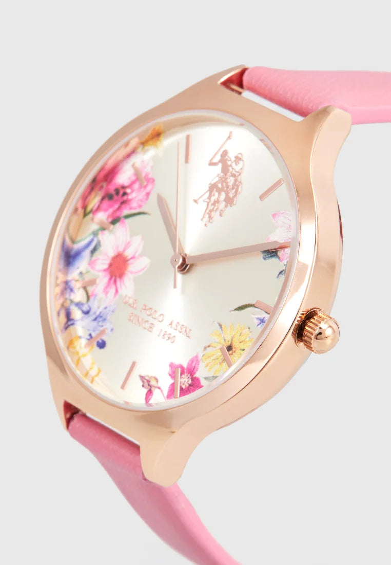 Ceas Quartz Cu Imprimeu Floral Si Curea Din Piele Roz