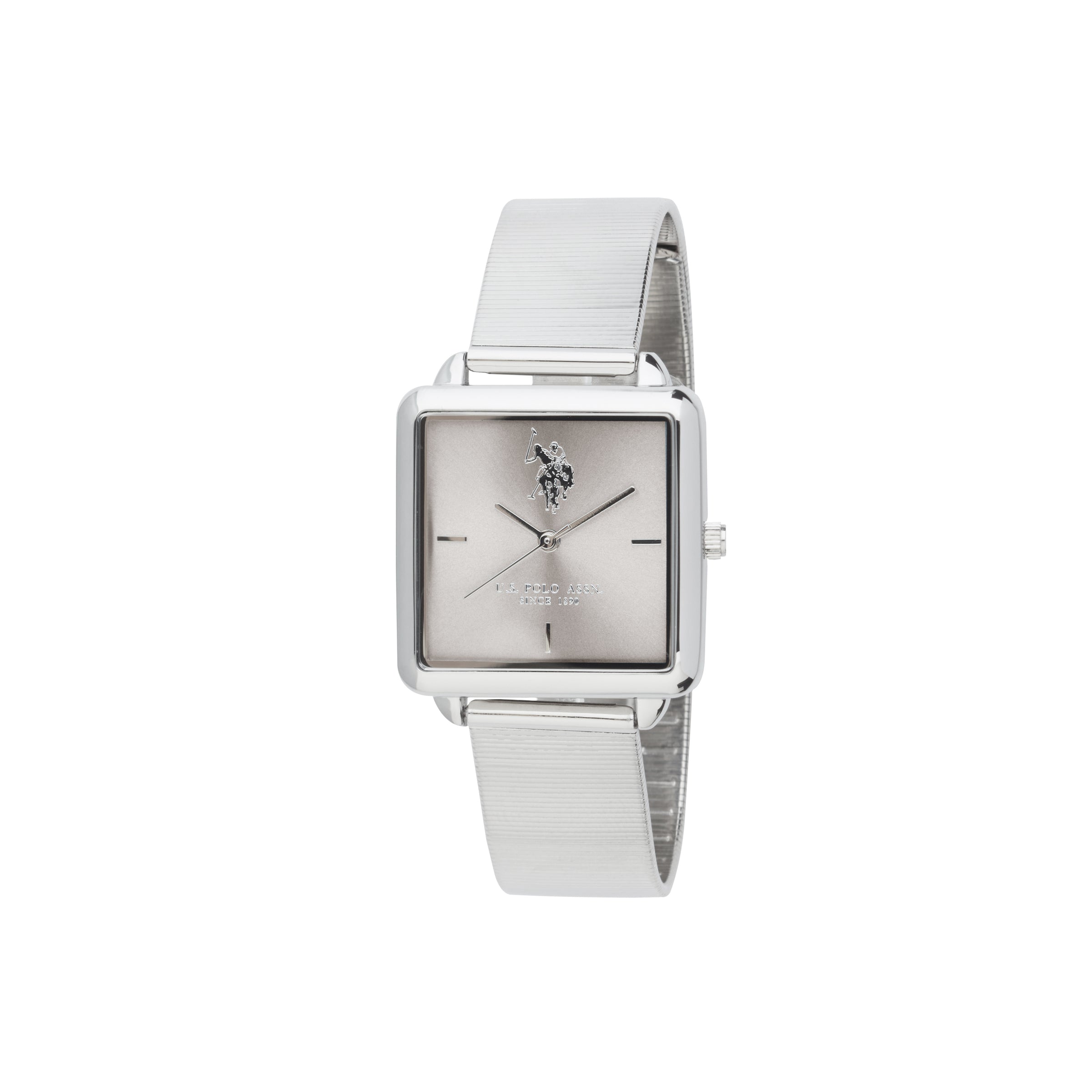 Ceas Dama Quartz Patrat, Cadran Gri Deschis Sunray, Bratara Mesh Argintie Lucioasa