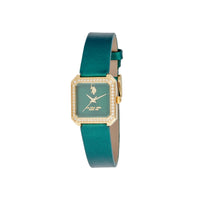 Ceas Dama Quartz Patrat Auriu Cu Cadran Verde Cu Detaliu Logo Si Curea De Piele Verde