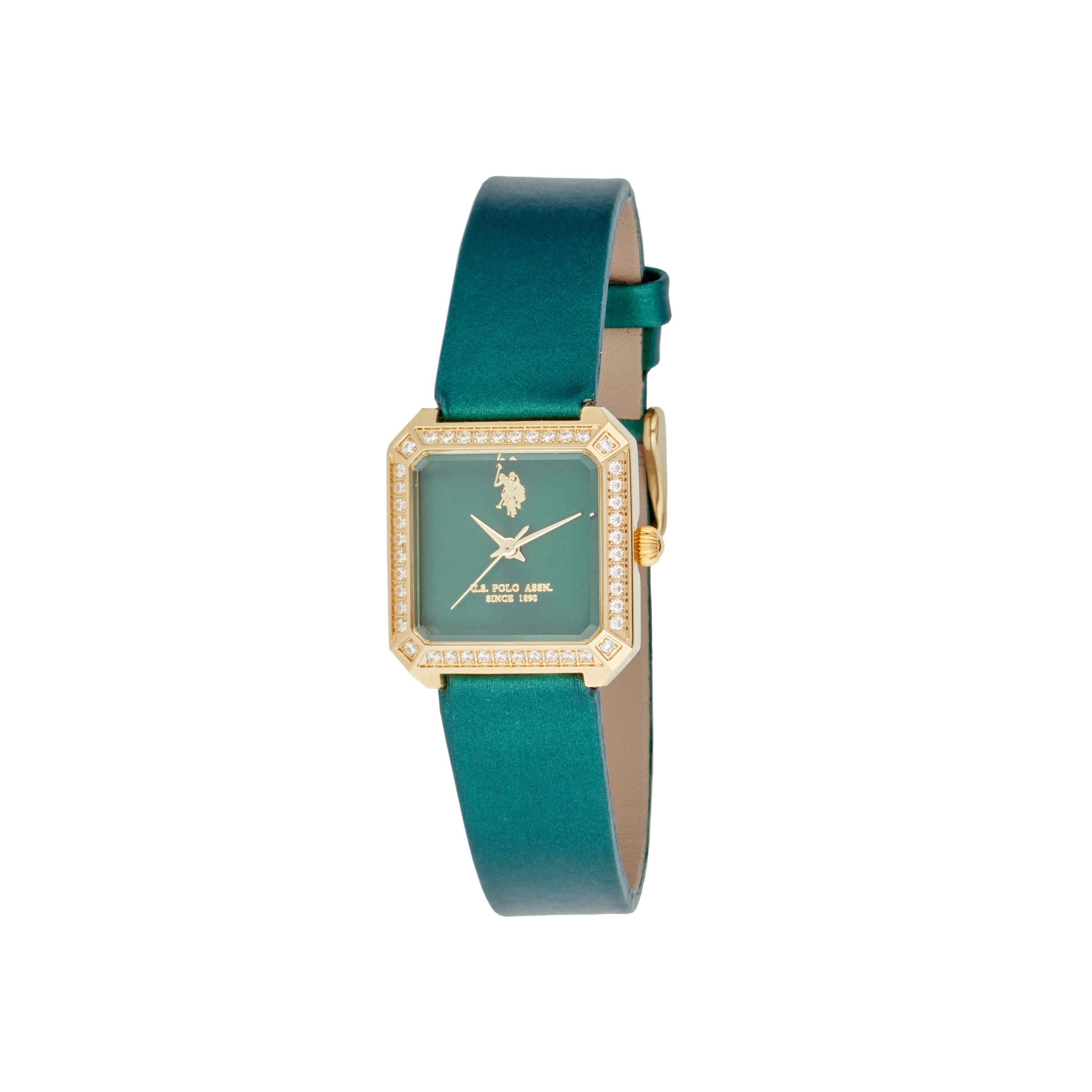 Ceas Dama Quartz Patrat Auriu Cu Cadran Verde Cu Detaliu Logo Si Curea De Piele Verde