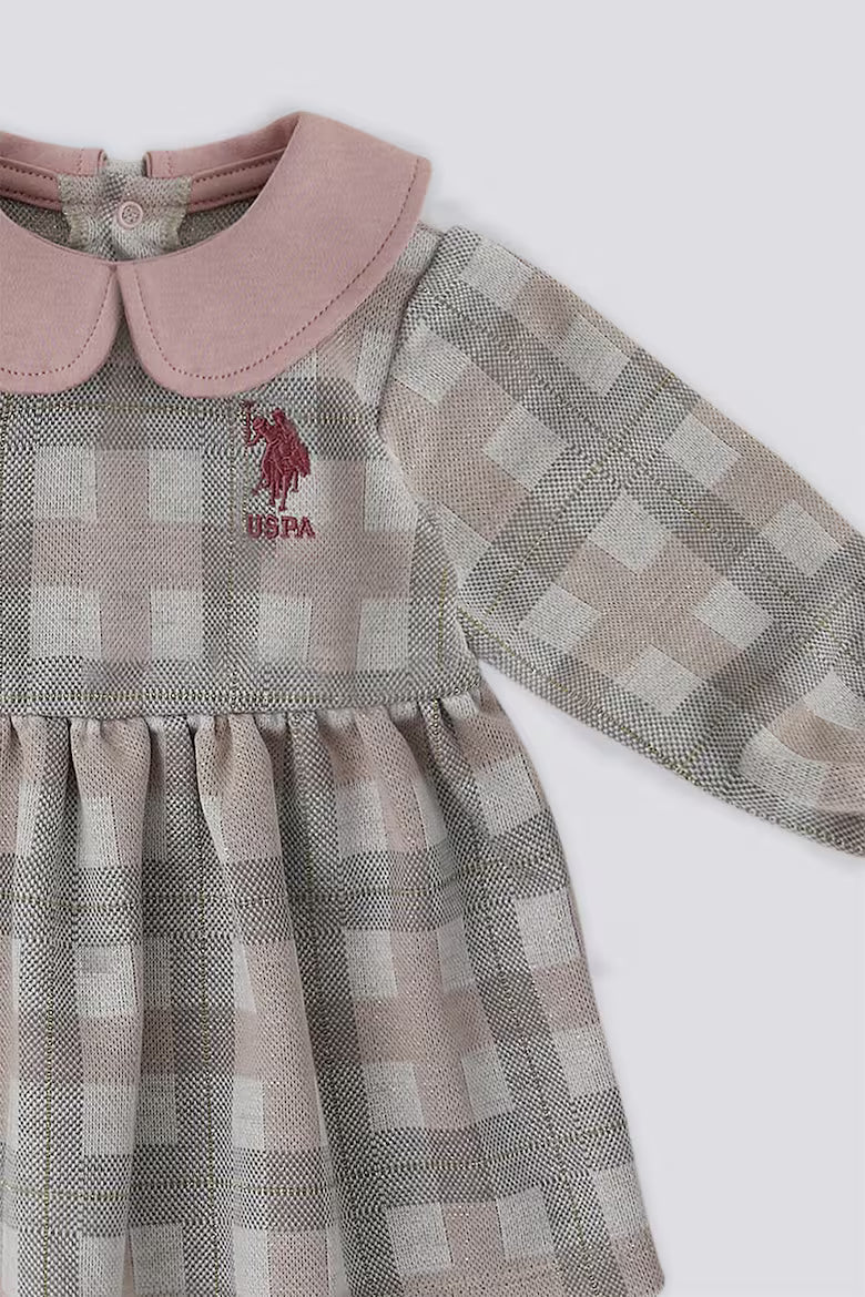 Rochie in carouri cu guler Peter Pan, Gri/Roz